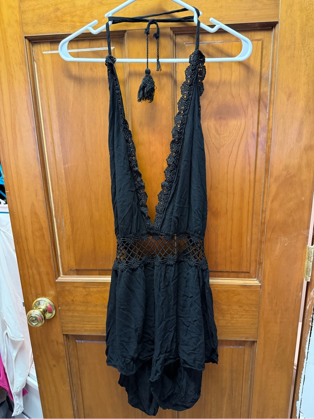 Black Lace Trim Halter Romper cover up #A